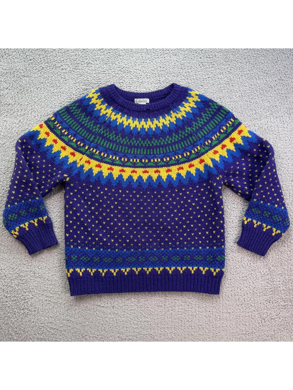 Vintage Gallagher Fair Isle 100% Wool Sweater Purple Nordic Knit Small Scandanav